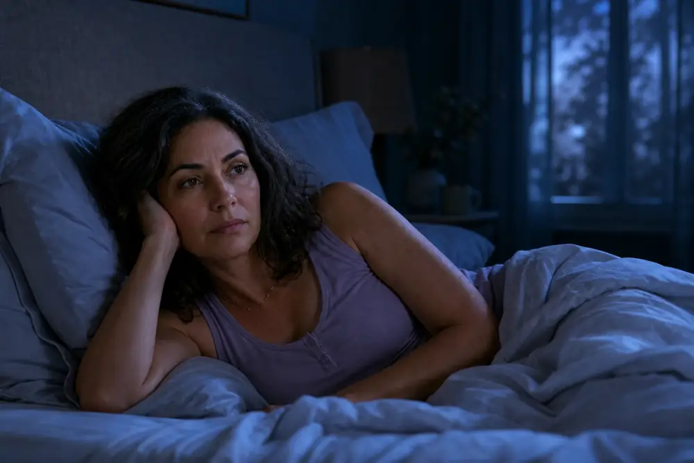Woman lying awake at night unable to sleep